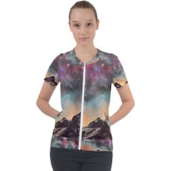 Mountain Space Galaxy Stars Universe Astronomy Short Sleeve Zip Up Jacket by Uceng