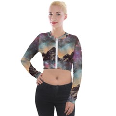 Mountain Space Galaxy Stars Universe Astronomy Long Sleeve Cropped Velvet Jacket by Uceng