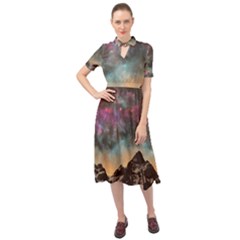 Mountain Space Galaxy Stars Universe Astronomy Keyhole Neckline Chiffon Dress by Uceng