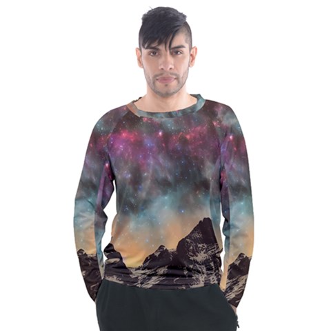 Mountain Space Galaxy Stars Universe Astronomy Men s Long Sleeve Raglan Tee by Uceng