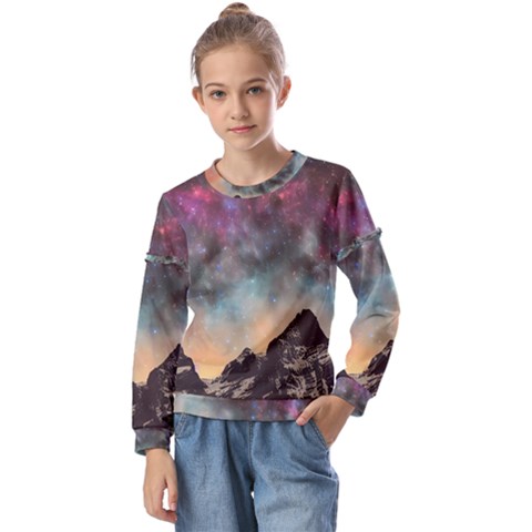 Mountain Space Galaxy Stars Universe Astronomy Kids  Long Sleeve Tee With Frill  by Uceng