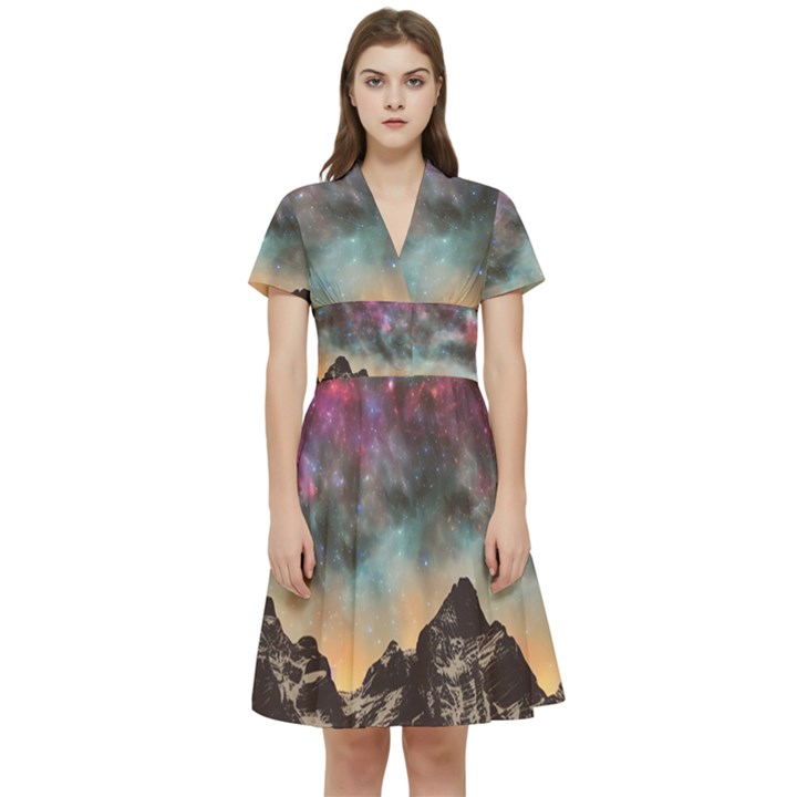 Mountain Space Galaxy Stars Universe Astronomy Short Sleeve Waist Detail Dress