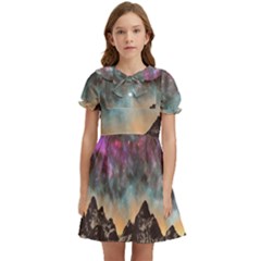 Mountain Space Galaxy Stars Universe Astronomy Kids  Bow Tie Puff Sleeve Dress