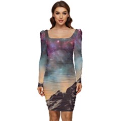 Mountain Space Galaxy Stars Universe Astronomy Women Long Sleeve Ruched Stretch Jersey Dress by Uceng