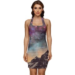 Mountain Space Galaxy Stars Universe Astronomy Sleeveless Wide Square Neckline Ruched Bodycon Dress