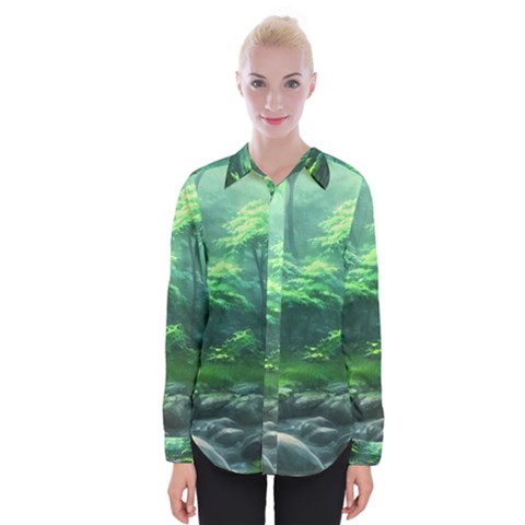 River Forest Woods Nature Rocks Japan Fantasy Womens Long Sleeve Shirt by Uceng