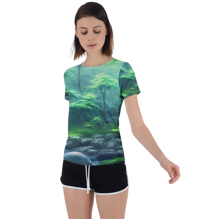 River Forest Woods Nature Rocks Japan Fantasy Back Circle Cutout Sports Tee