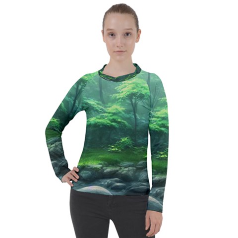 River Forest Woods Nature Rocks Japan Fantasy Women s Pique Long Sleeve Tee by Uceng