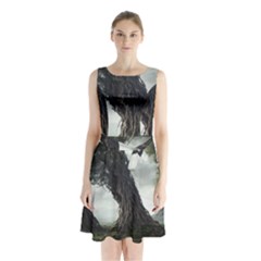 Trees Forest Woods Drawing Fantasy Dream Sleeveless Waist Tie Chiffon Dress by Uceng