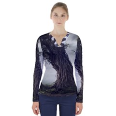 Trees Forest Woods Drawing Fantasy Dream V-neck Long Sleeve Top by Uceng