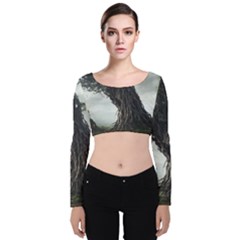 Trees Forest Woods Drawing Fantasy Dream Velvet Long Sleeve Crop Top by Uceng