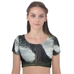 Trees Forest Woods Drawing Fantasy Dream Velvet Short Sleeve Crop Top  by Uceng