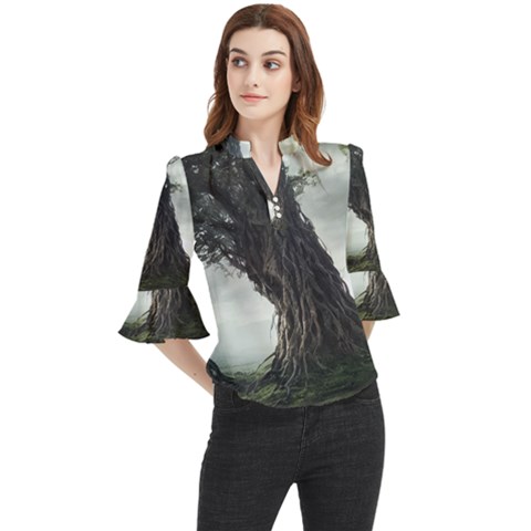 Trees Forest Woods Drawing Fantasy Dream Loose Horn Sleeve Chiffon Blouse by Uceng