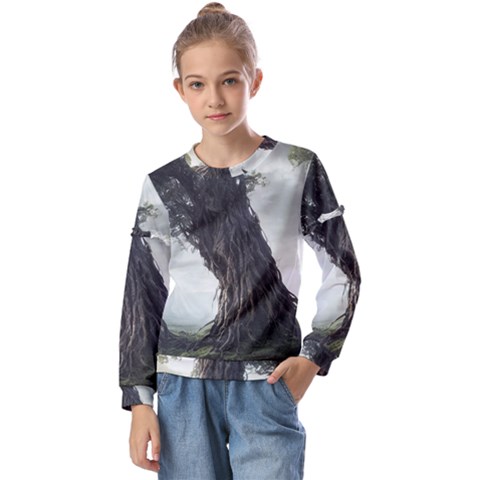 Trees Forest Woods Drawing Fantasy Dream Kids  Long Sleeve Tee With Frill  by Uceng