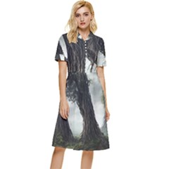 Trees Forest Woods Drawing Fantasy Dream Button Top Knee Length Dress by Uceng