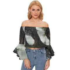 Trees Forest Woods Drawing Fantasy Dream Off Shoulder Flutter Bell Sleeve Top by Uceng