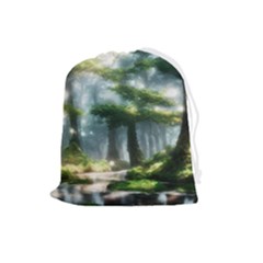 Forest Wood Nature Lake Swamp Water Trees Drawstring Pouch (large) by Uceng