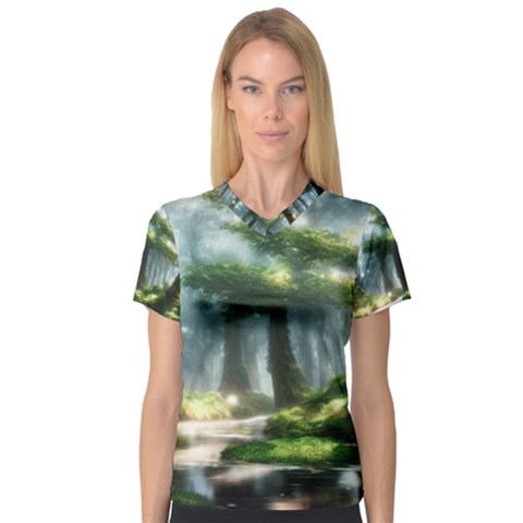 Forest Wood Nature Lake Swamp Water Trees V-neck Sport Mesh Tee by Uceng