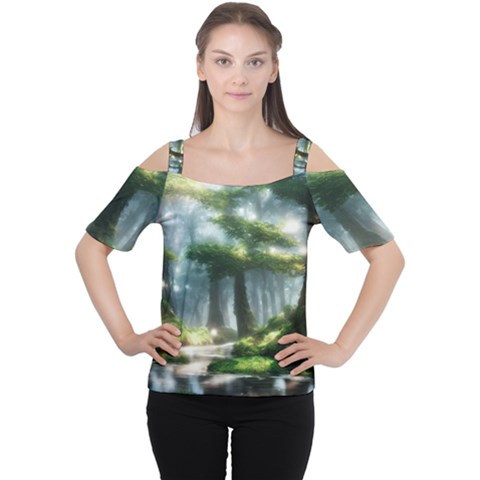 Forest Wood Nature Lake Swamp Water Trees Cutout Shoulder Tee by Uceng