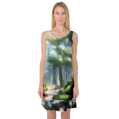 Forest Wood Nature Lake Swamp Water Trees Sleeveless Satin Nightdress by Uceng