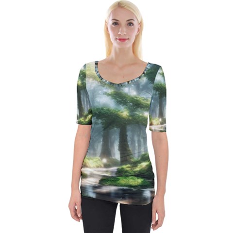 Forest Wood Nature Lake Swamp Water Trees Wide Neckline Tee by Uceng