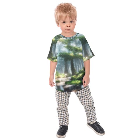 Forest Wood Nature Lake Swamp Water Trees Kids  Raglan Tee by Uceng