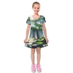 Forest Wood Nature Lake Swamp Water Trees Kids  Short Sleeve Velvet Dress by Uceng