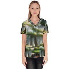 Forest Wood Nature Lake Swamp Water Trees Women s V-neck Scrub Top by Uceng