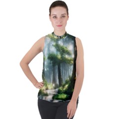 Forest Wood Nature Lake Swamp Water Trees Mock Neck Chiffon Sleeveless Top by Uceng