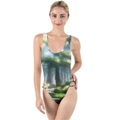 Forest Wood Nature Lake Swamp Water Trees High Leg Strappy Swimsuit by Uceng