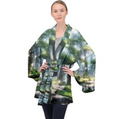 Forest Wood Nature Lake Swamp Water Trees Long Sleeve Velvet Kimono  by Uceng