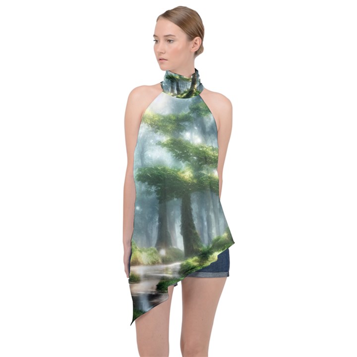 Forest Wood Nature Lake Swamp Water Trees Halter Asymmetric Satin Top