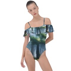 Forest Wood Nature Lake Swamp Water Trees Frill Detail One Piece Swimsuit by Uceng