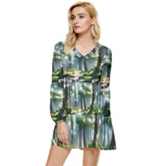 Forest Wood Nature Lake Swamp Water Trees Tiered Long Sleeve Mini Dress by Uceng