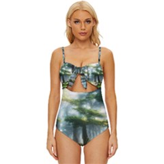 Forest Wood Nature Lake Swamp Water Trees Knot Front One-piece Swimsuit by Uceng