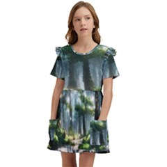 Forest Wood Nature Lake Swamp Water Trees Kids  Frilly Sleeves Pocket Dress by Uceng