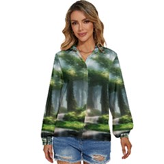 Forest Wood Nature Lake Swamp Water Trees Women s Long Sleeve Button Down Shirt