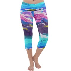 Fantasy Japan Mountains Cherry Blossoms Nature Capri Yoga Leggings by Uceng