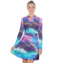 Fantasy Japan Mountains Cherry Blossoms Nature Long Sleeve Panel Dress by Uceng