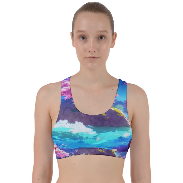 Fantasy Japan Mountains Cherry Blossoms Nature Back Weave Sports Bra