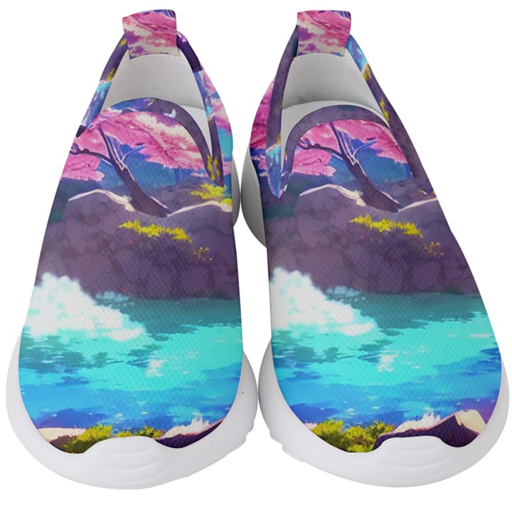 Fantasy Japan Mountains Cherry Blossoms Nature Kids  Slip On Sneakers