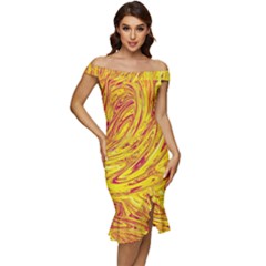 Red Yellow Abstract Wallpapers Abstracts Liquids Off Shoulder Ruffle Split Hem Bodycon Dress