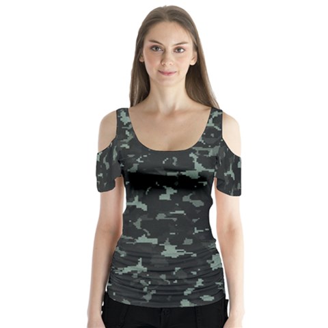 Pattern Texture Army Military Background Butterfly Sleeve Cutout Tee  by Uceng