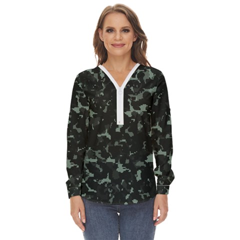 Pattern Texture Army Military Background Zip Up Long Sleeve Blouse by Uceng