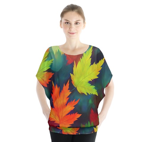 Leaves Foliage Autumn Nature Forest Fall Batwing Chiffon Blouse by Uceng