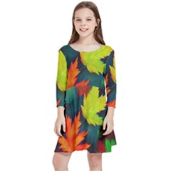 Leaves Foliage Autumn Nature Forest Fall Kids  Quarter Sleeve Skater Dress by Uceng