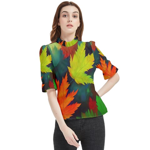 Leaves Foliage Autumn Nature Forest Fall Frill Neck Blouse by Uceng