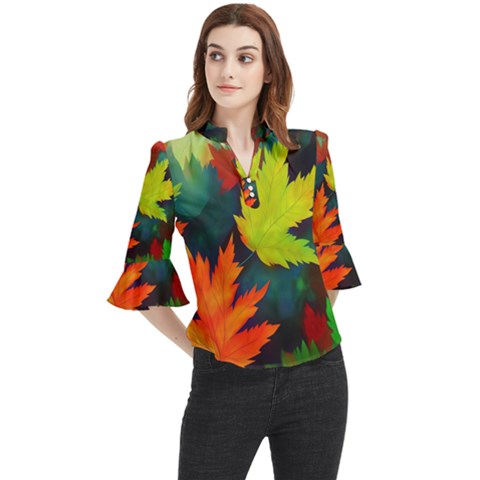 Leaves Foliage Autumn Nature Forest Fall Loose Horn Sleeve Chiffon Blouse by Uceng