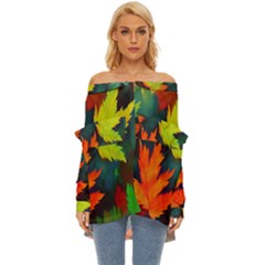 Leaves Foliage Autumn Nature Forest Fall Off Shoulder Chiffon Pocket Shirt by Uceng