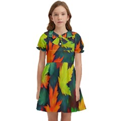 Leaves Foliage Autumn Nature Forest Fall Kids  Bow Tie Puff Sleeve Dress by Uceng